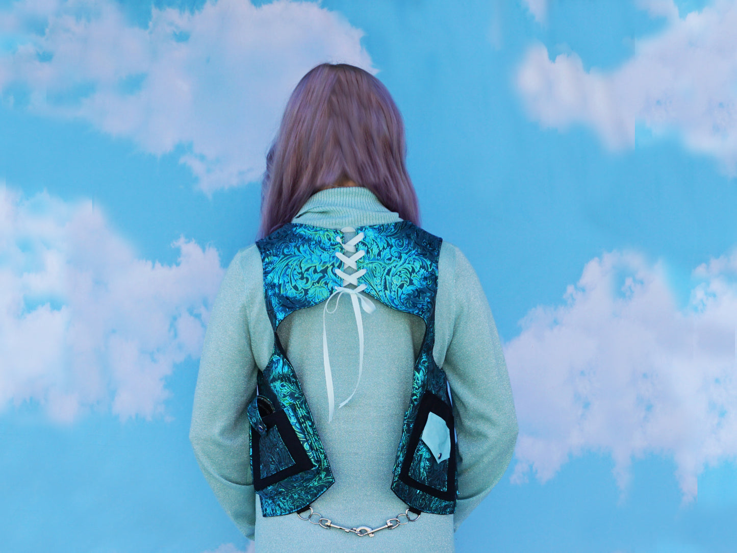 Teal Silk Brocade Reversible Holster Vest